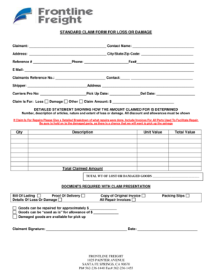 Standard Claim Form for Loss or Damage