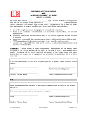 Parental Authorization for Weight Room Use