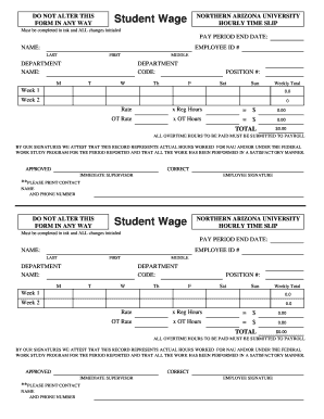 Northern Arizona University Student Wage Hourly Time Slip