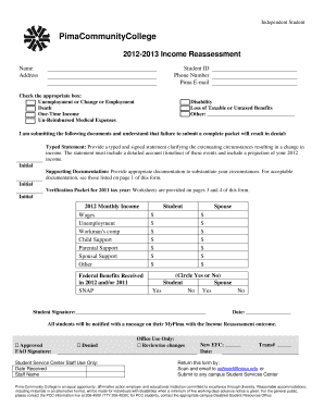 Pima Community College 2012-2013 Income Reassessment Form