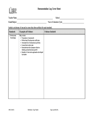 Teacher Evaluation Document Log Cover Sheet
