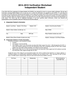 2014–2015 Verification Worksheet for Independent Student