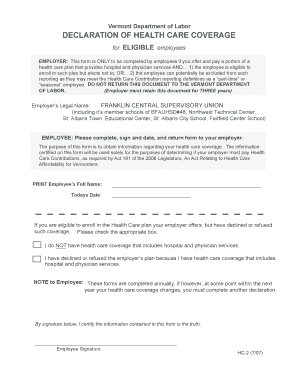 Vermont Health Care Coverage Declaration