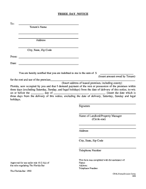 Florida Three Day Notice to Pay Rent or Quit