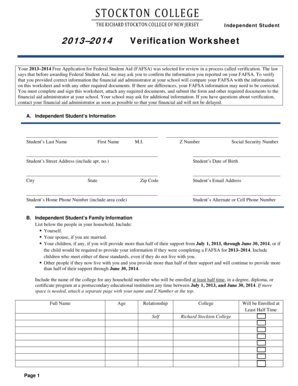 2013–2014 Independent Student Verification Worksheet