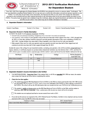 2012–2013 Verification Worksheet for Dependent Student