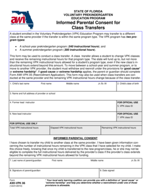 Florida VPK Class Transfer Consent Form