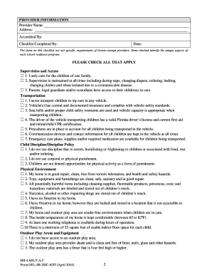 Florida Health and Safety Checklist for Informal Child Care Providers
