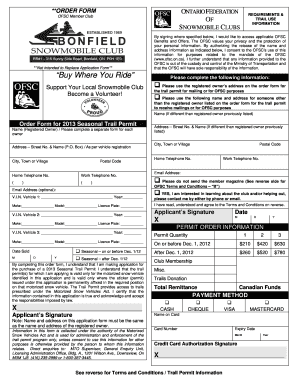 Ontario Snowmobile Club Trail Permit Order Form