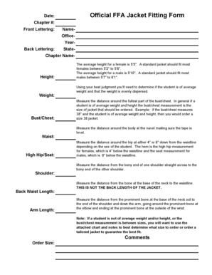 Official FFA Jacket Fitting Form