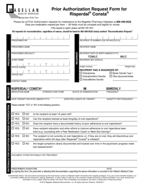 Prior Authorization Request Form for Risperdal Consta
