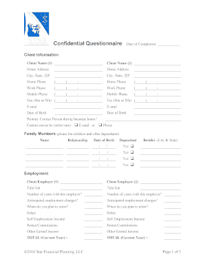 Confidential Financial Planning Questionnaire