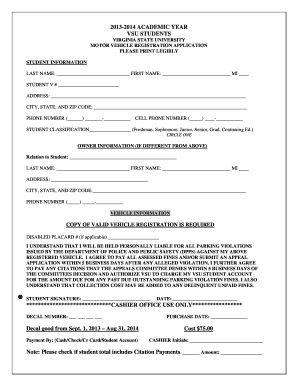 Virginia State University Motor Vehicle Registration Application