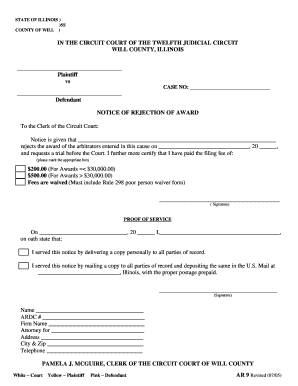Illinois Notice of Rejection of Award
