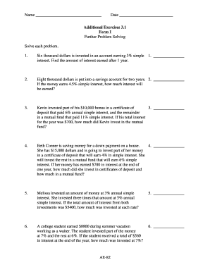 Simple Interest and Mixture Problem Worksheet