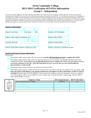 Alvin Community College FAFSA Verification Form