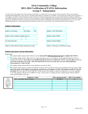 Alvin Community College FAFSA Verification Form