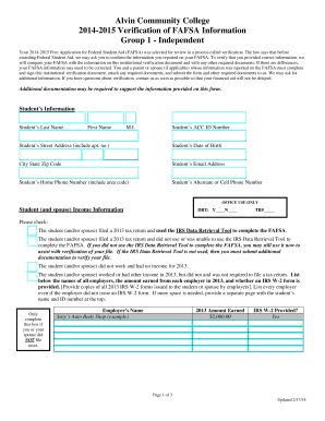 Alvin Community College FAFSA Verification Form