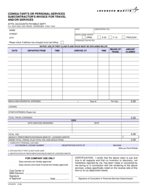 Consultant's Subcontractor Invoice for Travel and Services
