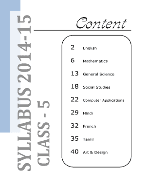 CLASS - 5 SYLLABUS 2014-15 Content 2 English 6 Mathematics 13 General Science 18 Social Studies 22 Computer Applications 29 Hindi 32 French 35 Tamil 40 Art &amp - dps edu