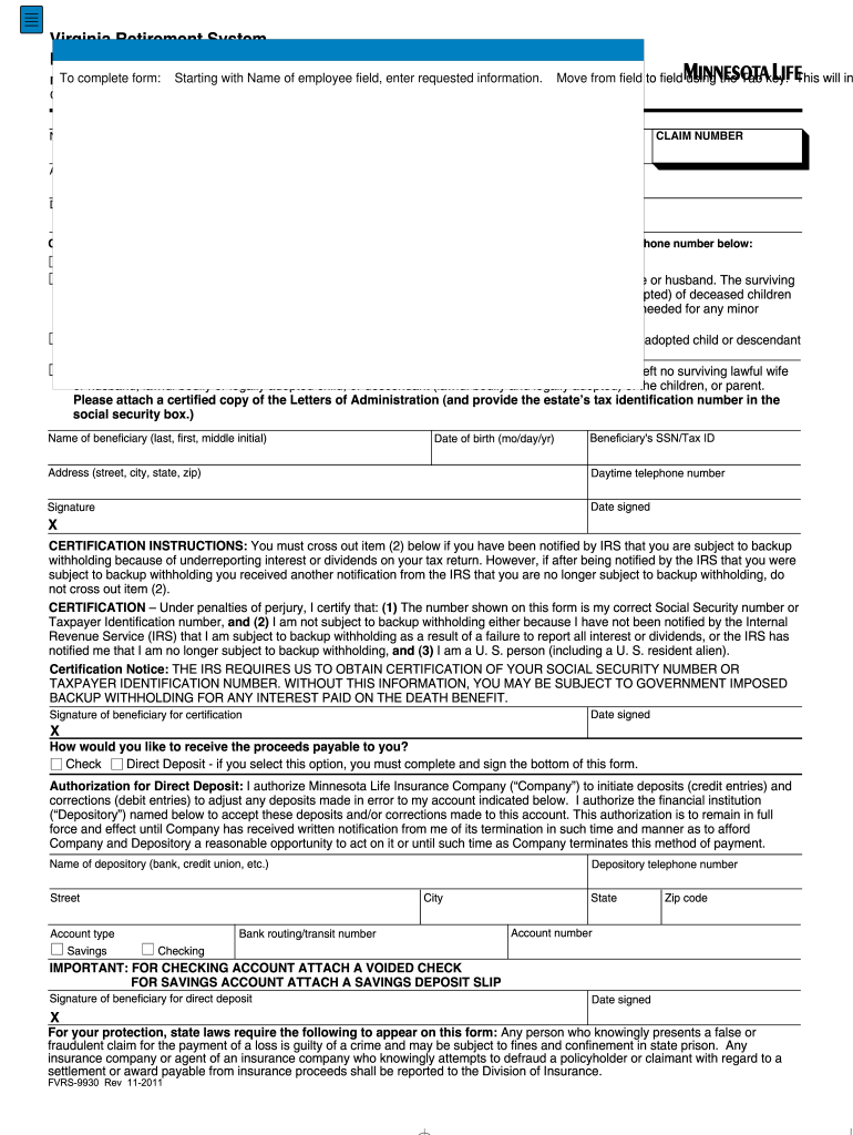 virginia retirement system preference beneficarys statement 2011 form Preview on Page 1.