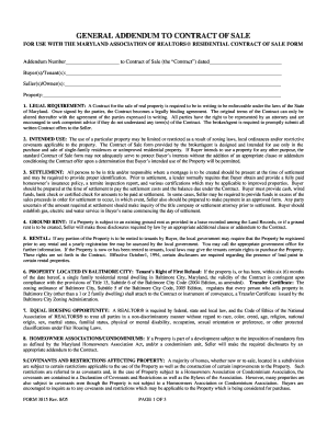 General Addendum to Maryland Residential Contract of Sale