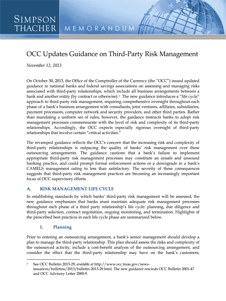 Fillable Online OCC Updates Guidance on ThirdParty Risk Management Fax