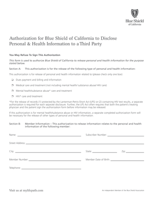 Blue Shield Authorization for Disclosure of Personal & Health Information