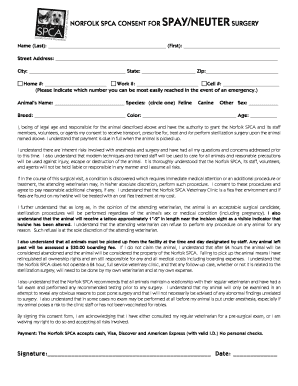 Norfolk SPCA Spay/Neuter Consent Form