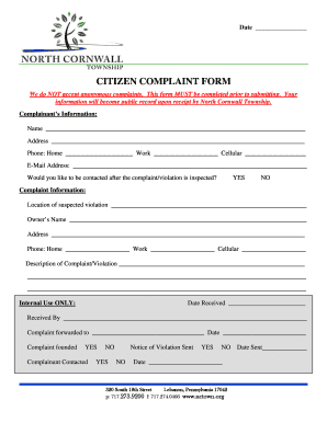 CITIZEN COMPLAINT FORM - North Cornwall Township