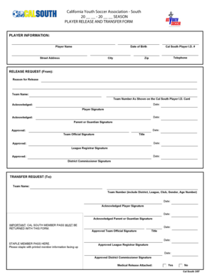 California Youth Soccer Player Release and Transfer Form