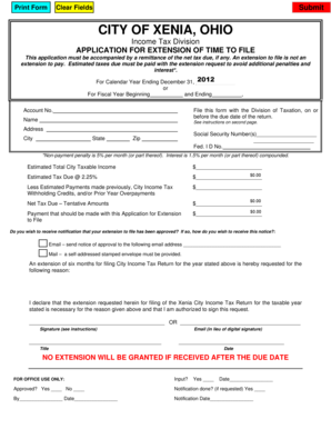 City of Xenia Ohio Income Tax Extension Application