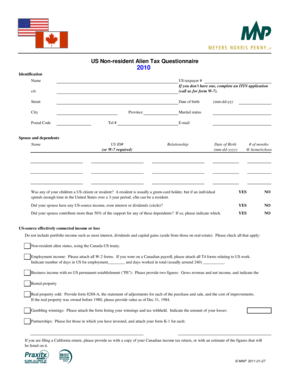 US Non-resident Alien Tax Questionnaire