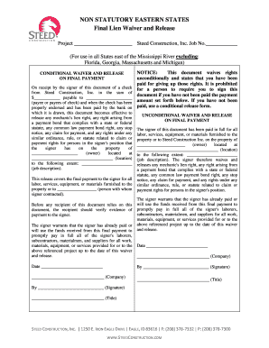 Non Statutory Eastern States Final Lien Waiver and Release