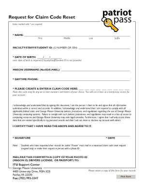 George Mason Claim Code Reset Form