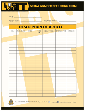 Vancouver Police Department Log It or Lose It Form