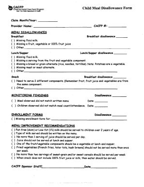 CACFP Child Meal Disallowance Form