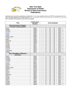 New York State Early Intervention Publications Order Form