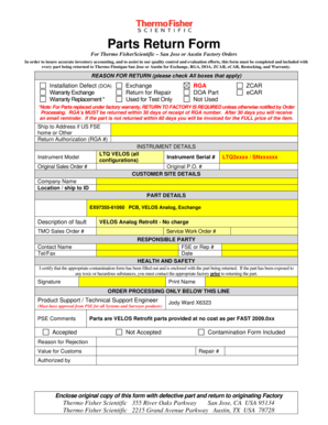 Parts Return Form for Thermo Fisher Scientific