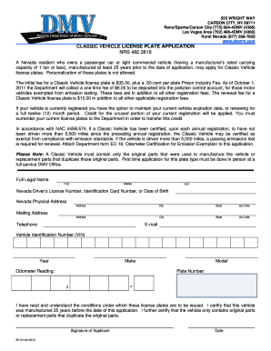 Nevada Classic Vehicle License Plate Application