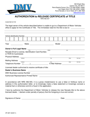 Nevada Authorization to Release Certificate of Title