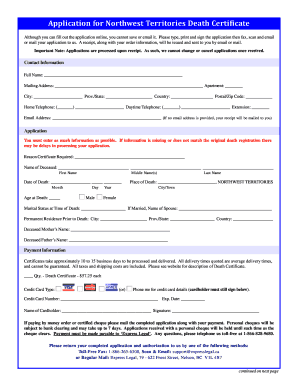 Northwest Territories Death Certificate Application