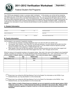 2011-2012 Verification Worksheet Dependent