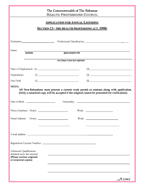 Bahamas Health Professional Annual Licensing Application