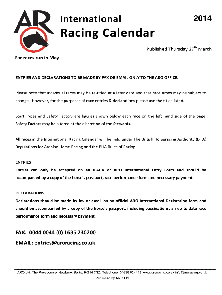 Fillable Online International Racing Calendar ARO Racing Fax Email