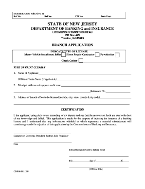 New Jersey Branch Office License Application