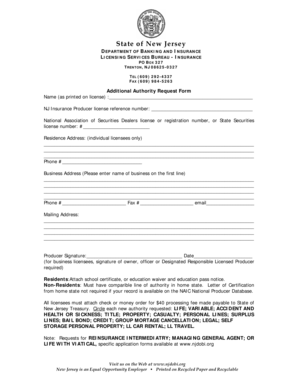 New Jersey Additional Authority Request Form