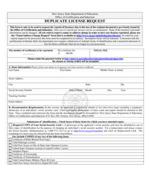 New Jersey Duplicate License Request Form