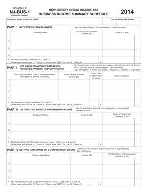 New Jersey Business Income Summary Schedule