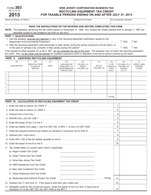 New Jersey Corporation Recycling Equipment Tax Credit Form